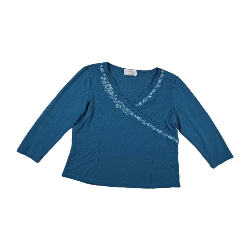 Casual Corner Annex Teal Blue Embroidered Faux Wrap V-Neck Blouse XL